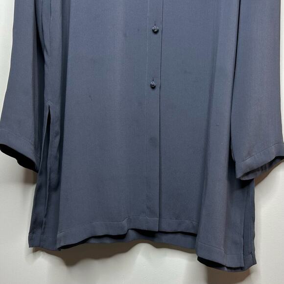 Eileen Fisher 100% Silk Gray Tunic Shirt Size M Mandarin Collar Knot Buttons - Picture 3 of 10